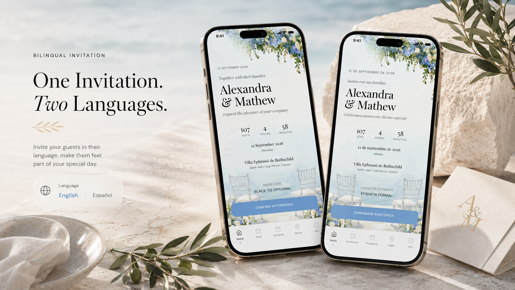 Bilingual wedding invitation shown on two iPhones side by side in English and Spanish with language picker, RSVP, countdown, venue and dress code fully translated