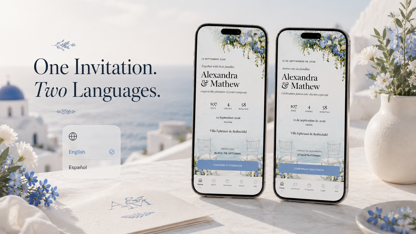 Bilingual wedding invitation in two languages shown side by side on iPhone, English and Spanish versions with language selector, RSVP and countdown for a destination wedding in Greece