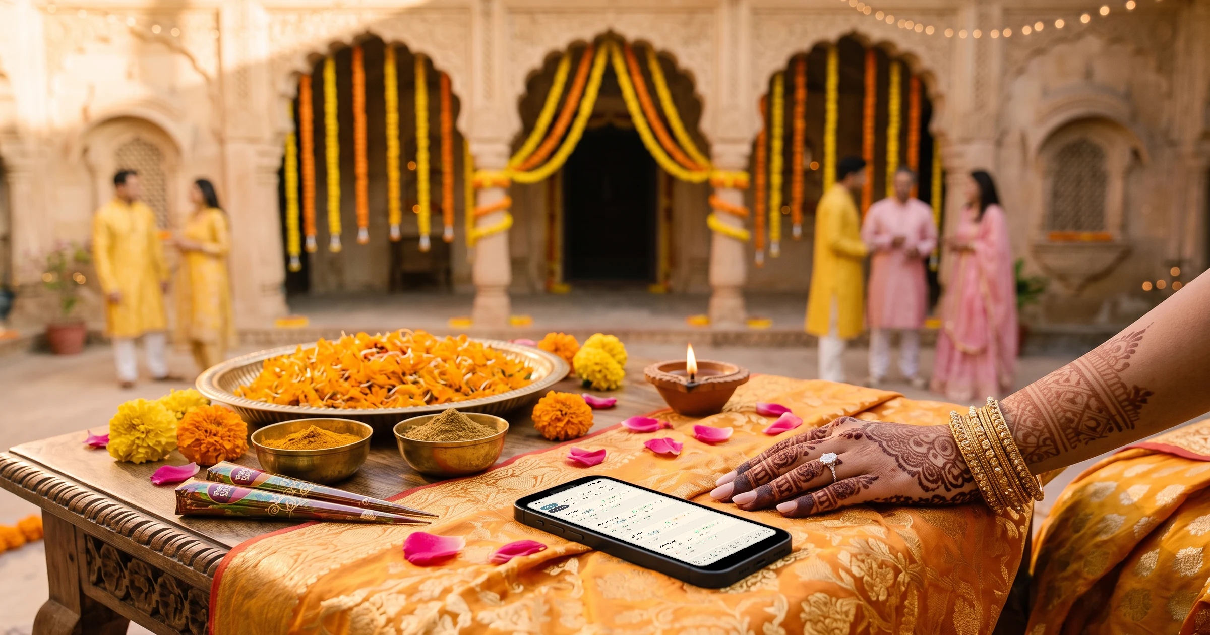 3 din ki shaadi planning, 3 दिन की शादी, 300+ मेहमान: राजस्थानी हवेली के आँगन में गेंदे की थाली, हल्दी की कटोरी और मेहंदी के कोन के बीच रेशमी कपड़े पर रखा फ़ोन, जिसमें गेस्ट लिस्ट हल्दी, मेहंदी, संगीत और रिसेप्शन के हिसाब से और हर मेहमान के आगे WhatsApp बटन दिख रहा है; पास में मेहंदी लगा दुल्हन का हाथ