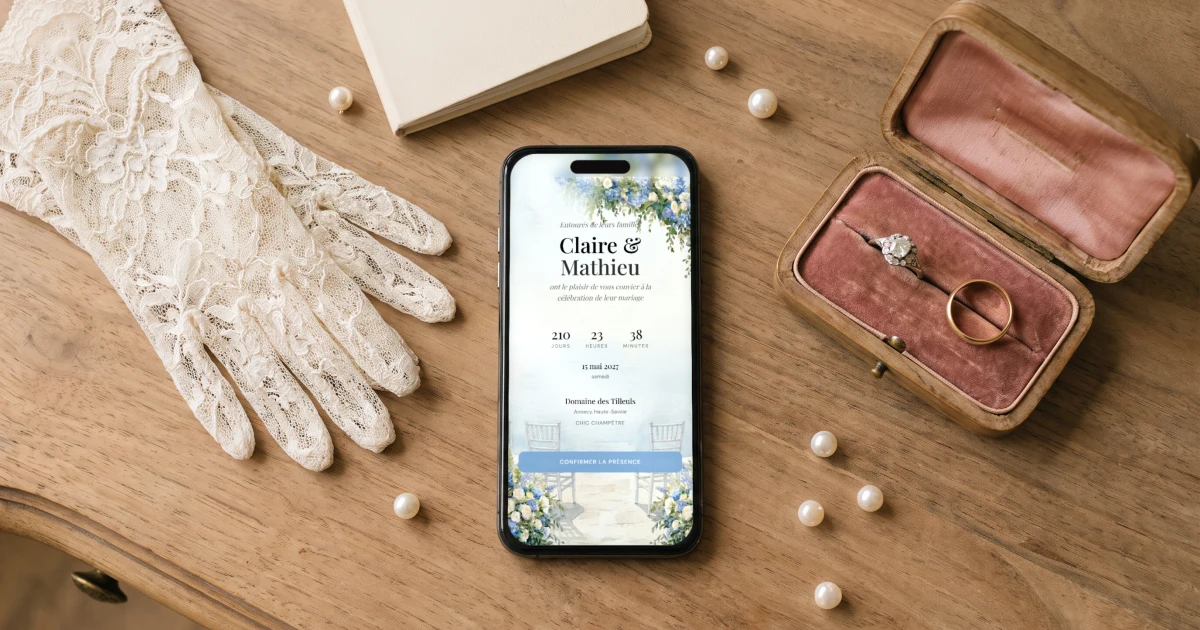 À quelle main porte-t-on l'alliance : une bague de fiançailles et une alliance dans un écrin ancien, des gants en dentelle et un téléphone qui affiche le faire-part