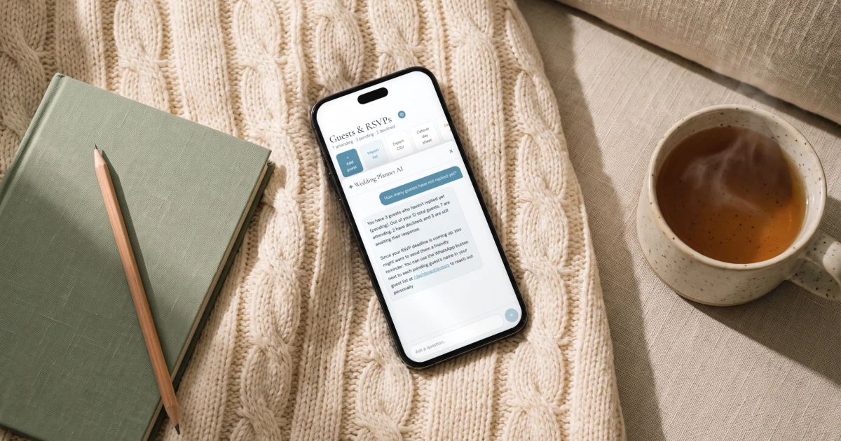 AI wedding planning: a phone shows an AI wedding assistant answering with the couple's real RSVP numbers