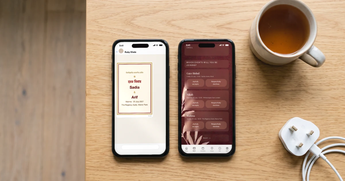 Two phones side by side on a wooden table: a Bangladeshi wedding card image in a WhatsApp chat, and the same wedding as an invitation link with RSVP buttons for each event