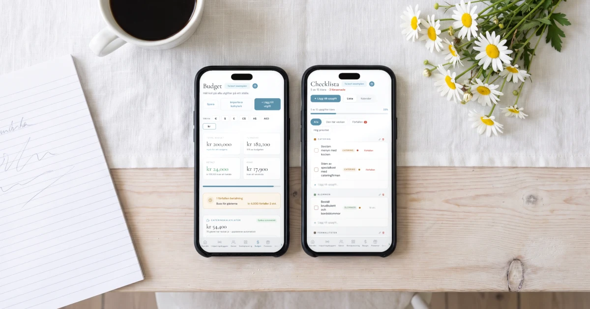 Bästa appen för bröllopsplanering: två mobiler på ett långbord med linnelöpare, den ena med budgeten och en förfallen betalning, den andra med checklistan, bredvid en kopp kaffe, ett skrivblock och en bukett prästkragar