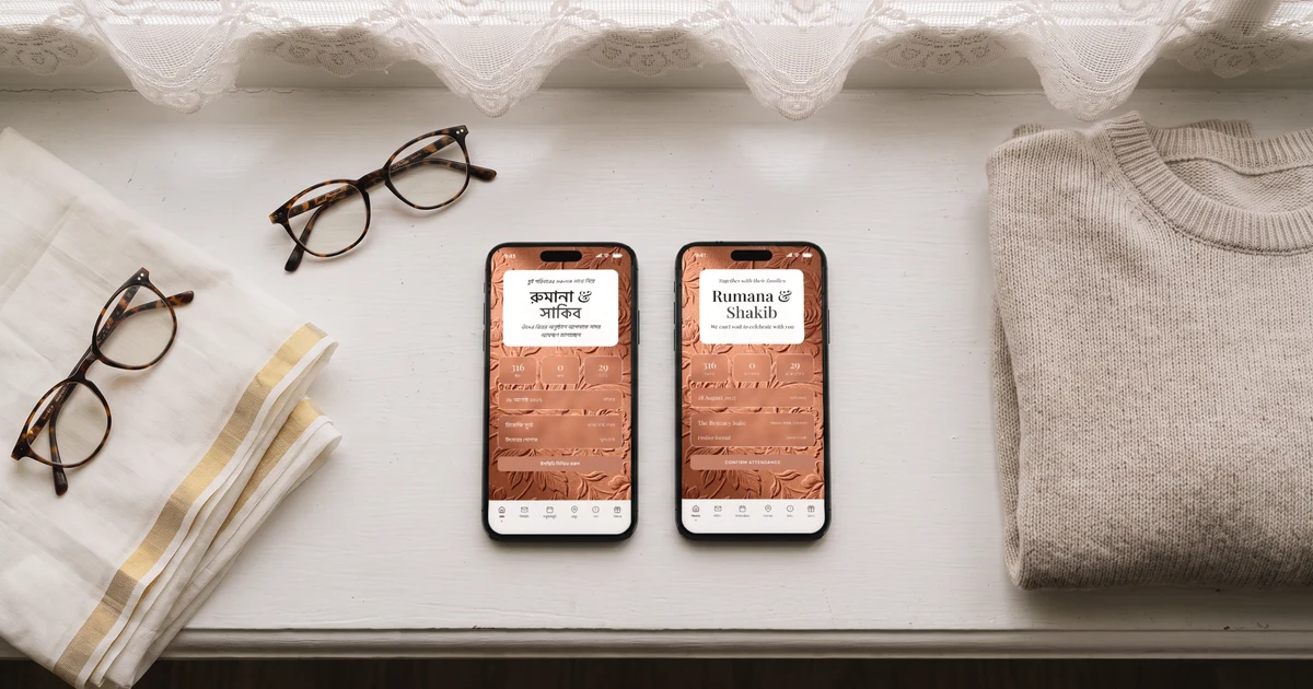 Two phones lying flat on a window sill beside reading glasses, a folded white sari and a jumper, one showing the bilingual Bengali and English wedding invitation in Bengali and the other the same invitation in English