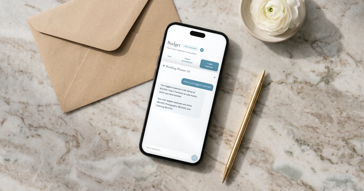 Best AI wedding planners 2026: a phone shows an AI assistant answering a budget question using the couple's wedding budget