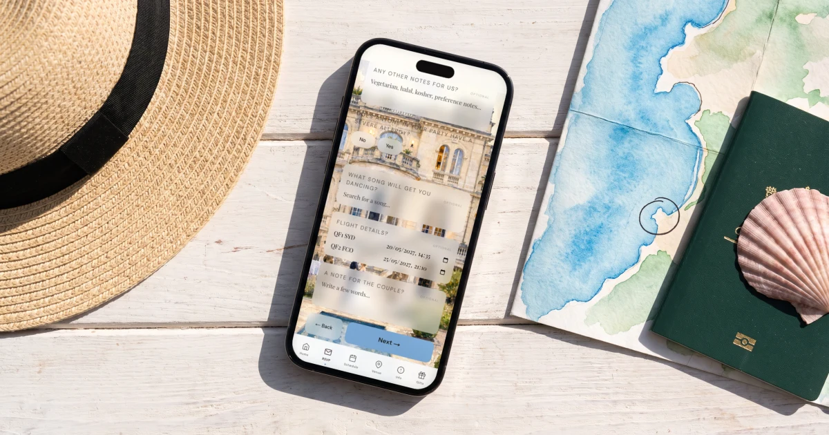 Best destination wedding planning apps 2026: a phone shows an RSVP with the guest's arrival flight next to a map, a passport and a straw hat