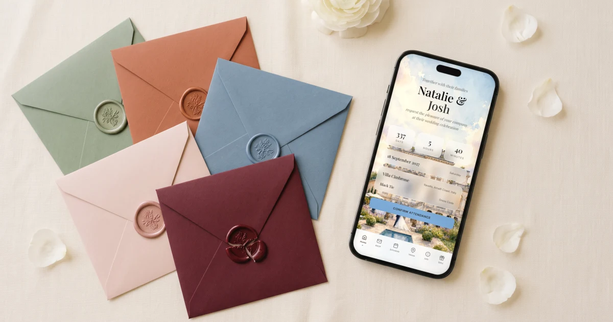 Best digital wedding invitation apps 2026: a phone shows an opened digital wedding invitation beside envelopes in five themes