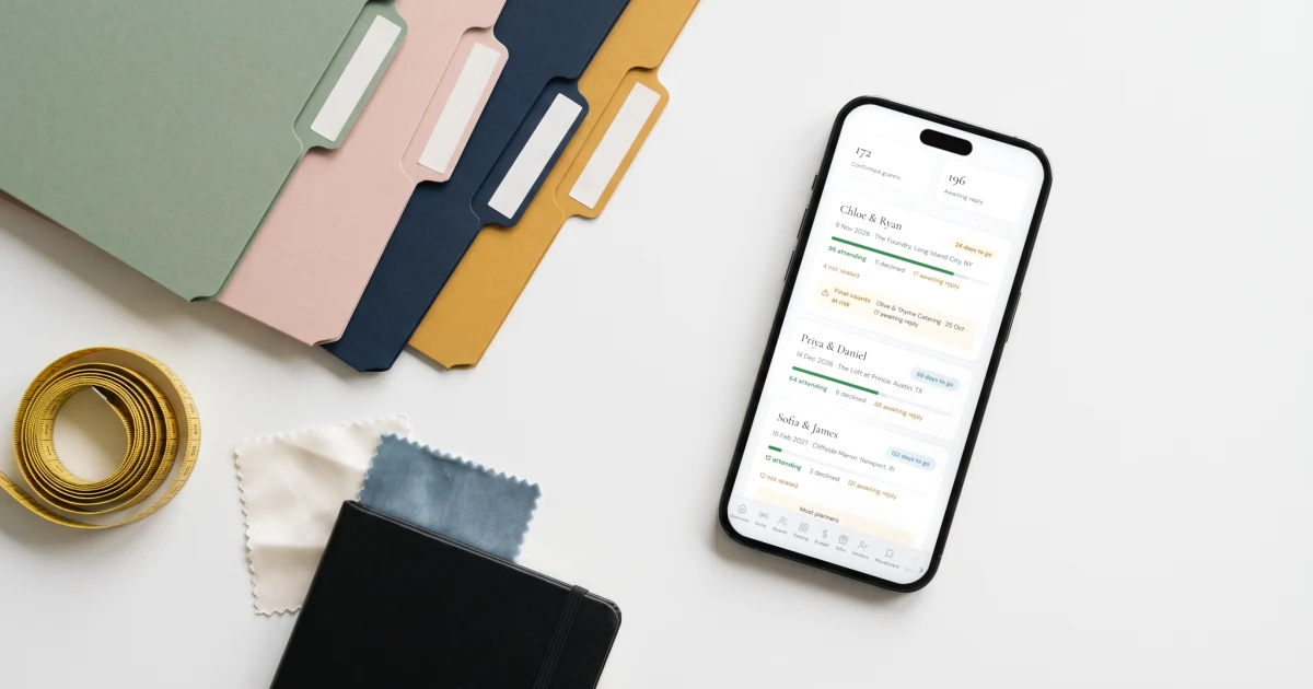 Best RSVP tools for wedding planners: a phone shows every client wedding with live RSVP counts beside color-coded client folders