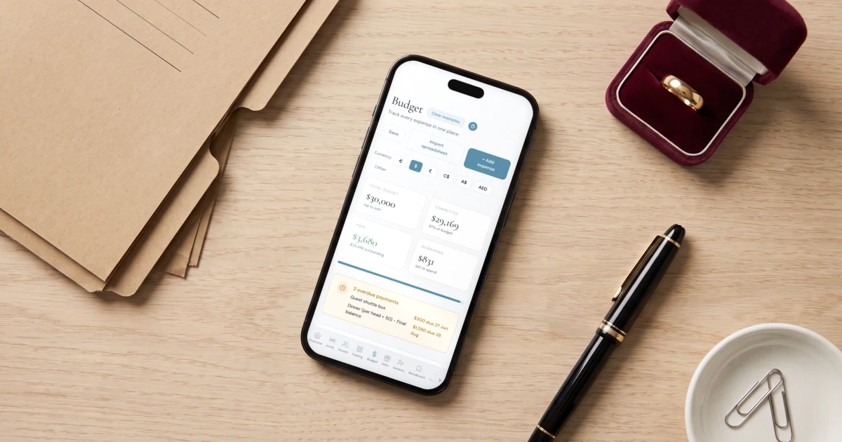 Best wedding budget apps 2026: a phone shows a wedding budget tracker with paid and due amounts beside vendor quotes