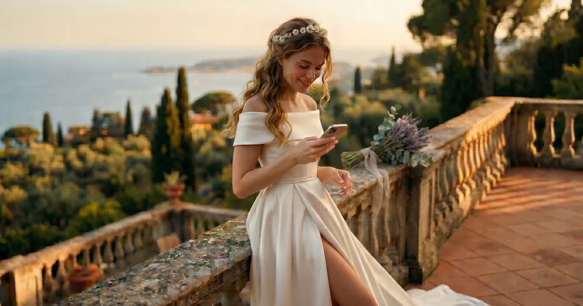 Best wedding budget apps 2026 - bride at Mediterranean wedding using The Private Wedding App to track expenses, vendor payments and budget on her phone