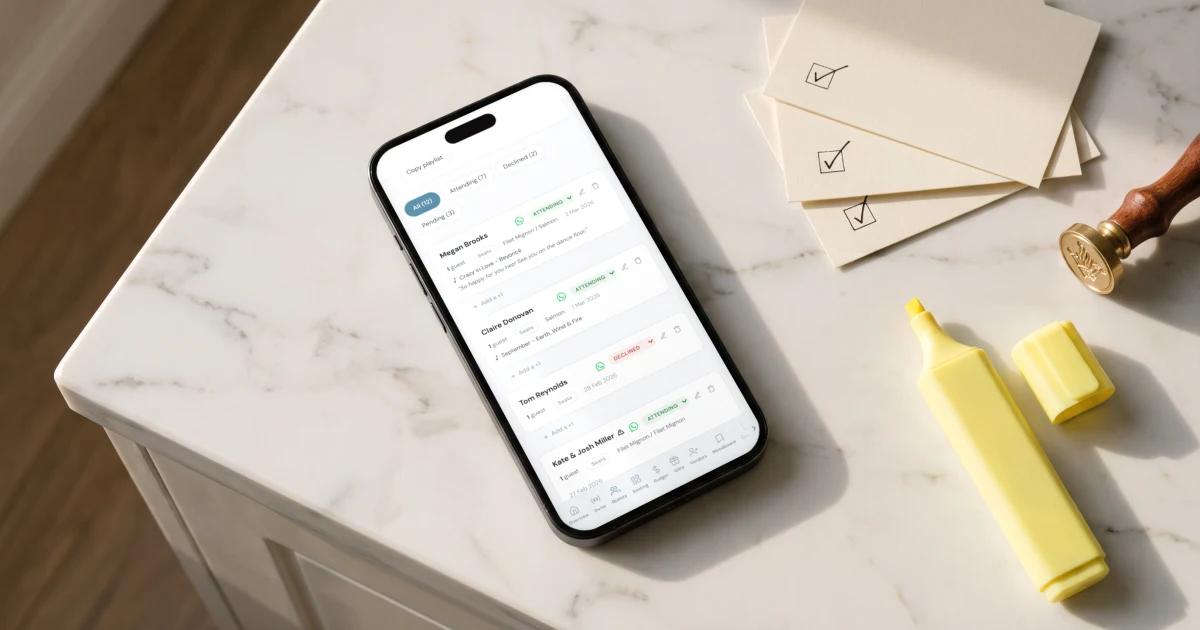 Best wedding guest list app 2026: a phone shows the guest list with RSVP status filters next to reply cards and a highlighter