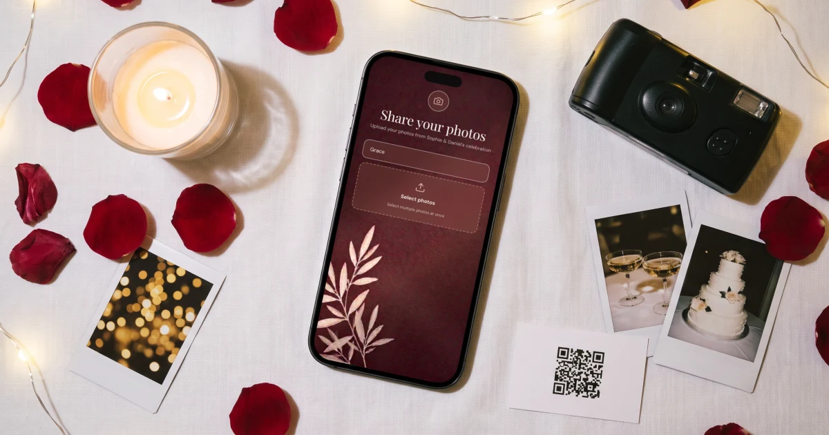 Best wedding photo sharing apps 2026: a phone shows the guest photo upload screen next to a disposable camera, a QR card and printed snapshots