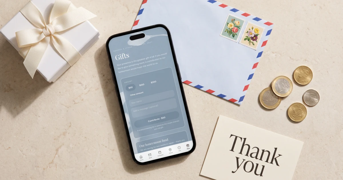 Best wedding registry sites 2026: a phone shows a wedding cash fund on the invitation Gifts page, next to a wrapped gift, an airmail envelope and coins in three currencies