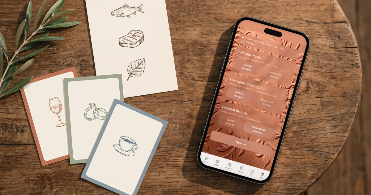 Best wedding RSVP website for multiple events: a phone shows an RSVP with a separate answer for the welcome party, ceremony and farewell brunch, beside event cards and a menu card