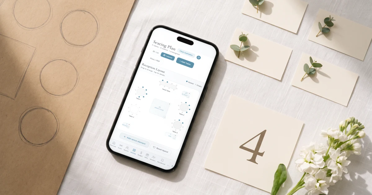 Best wedding seating chart maker 2026: a phone shows a drag and drop seating plan beside escort cards and table numbers