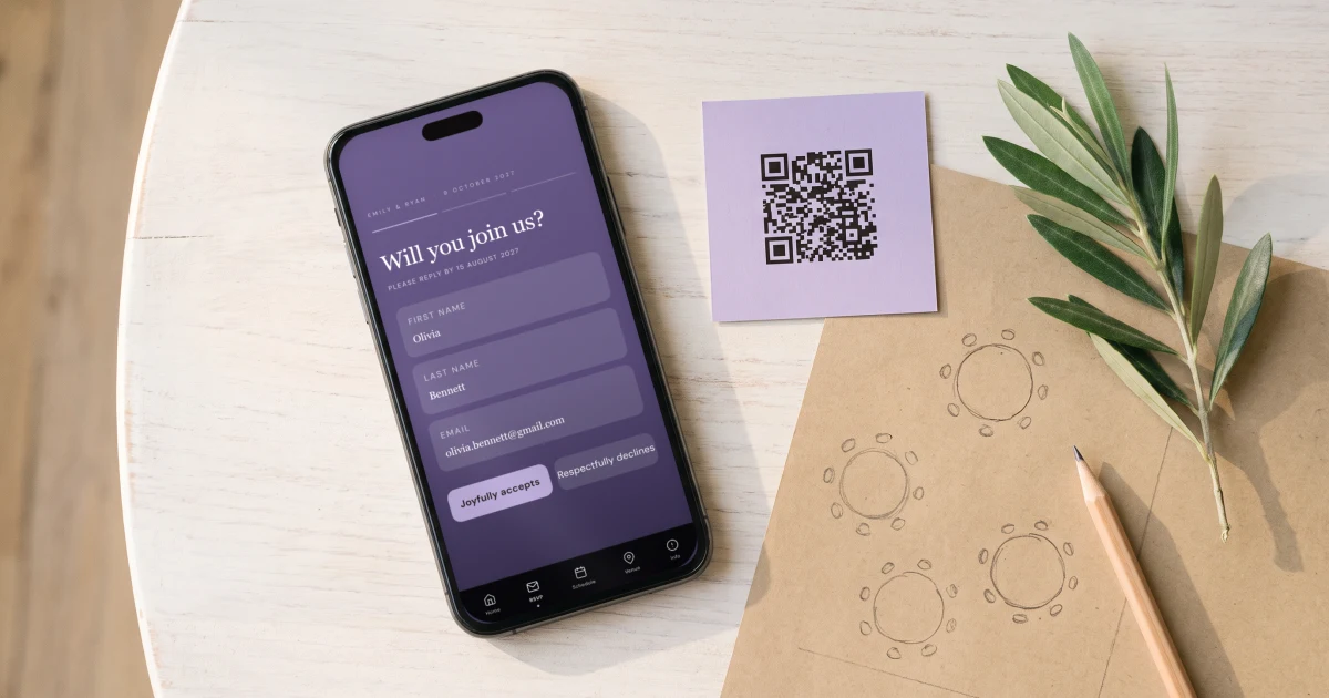 Best wedding websites 2026: a phone shows a wedding website RSVP beside a QR card and a seating chart sketch