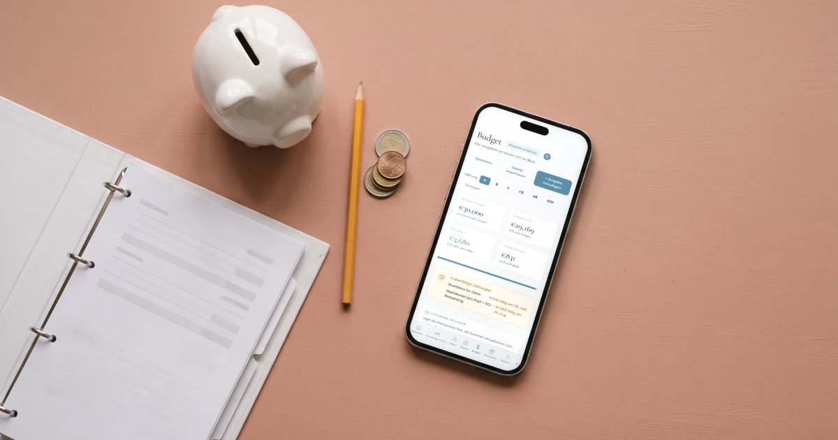Beste Hochzeitsbudget-App: ein Handy zeigt das Budget mit bezahlt und offen neben Angeboten