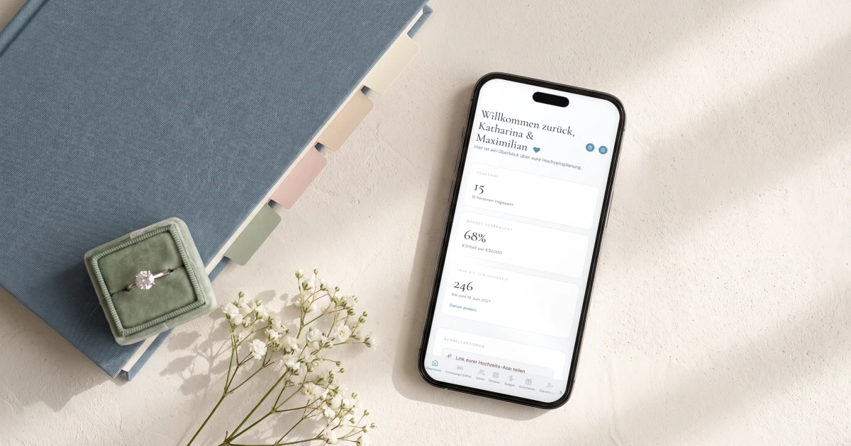 Beste App für die Hochzeitsplanung: ein Handy zeigt das Hochzeits-Dashboard neben einem Planer