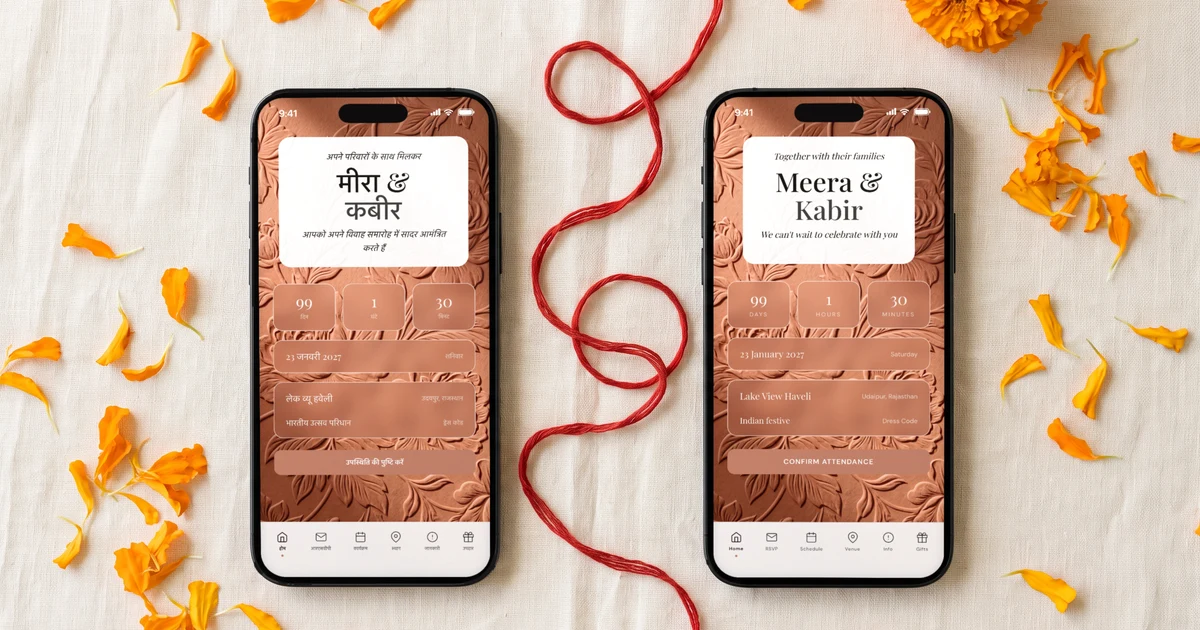 दो फ़ोन मेज़ पर रखे हुए, एक में हिंदी शादी कार्ड और दूसरे में वही इनविटेशन इंग्लिश में, बीच में कलावा और गेंदे की पंखुड़ियाँ, दिखाते हुए कि एक ही डिजिटल कार्ड दोनों भाषाओं में खुलता है