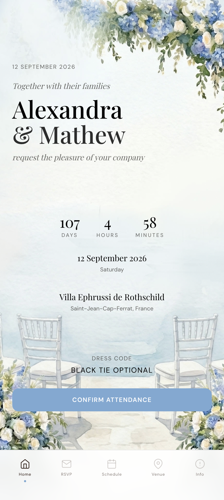 Bilingual wedding invitation English version showing cinematic opening with couple names, wedding date, venue and dress code on a Mediterranean watercolor theme