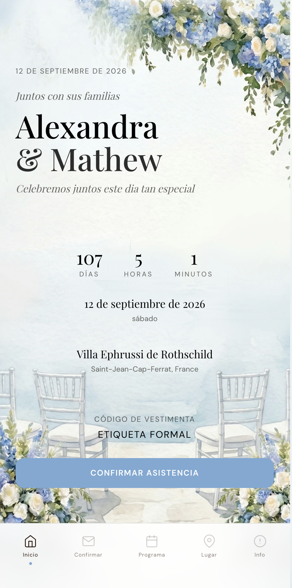Bilingual wedding invitation Spanish version showing the same design fully translated with date, dress code and navigation in Español for a dual language wedding