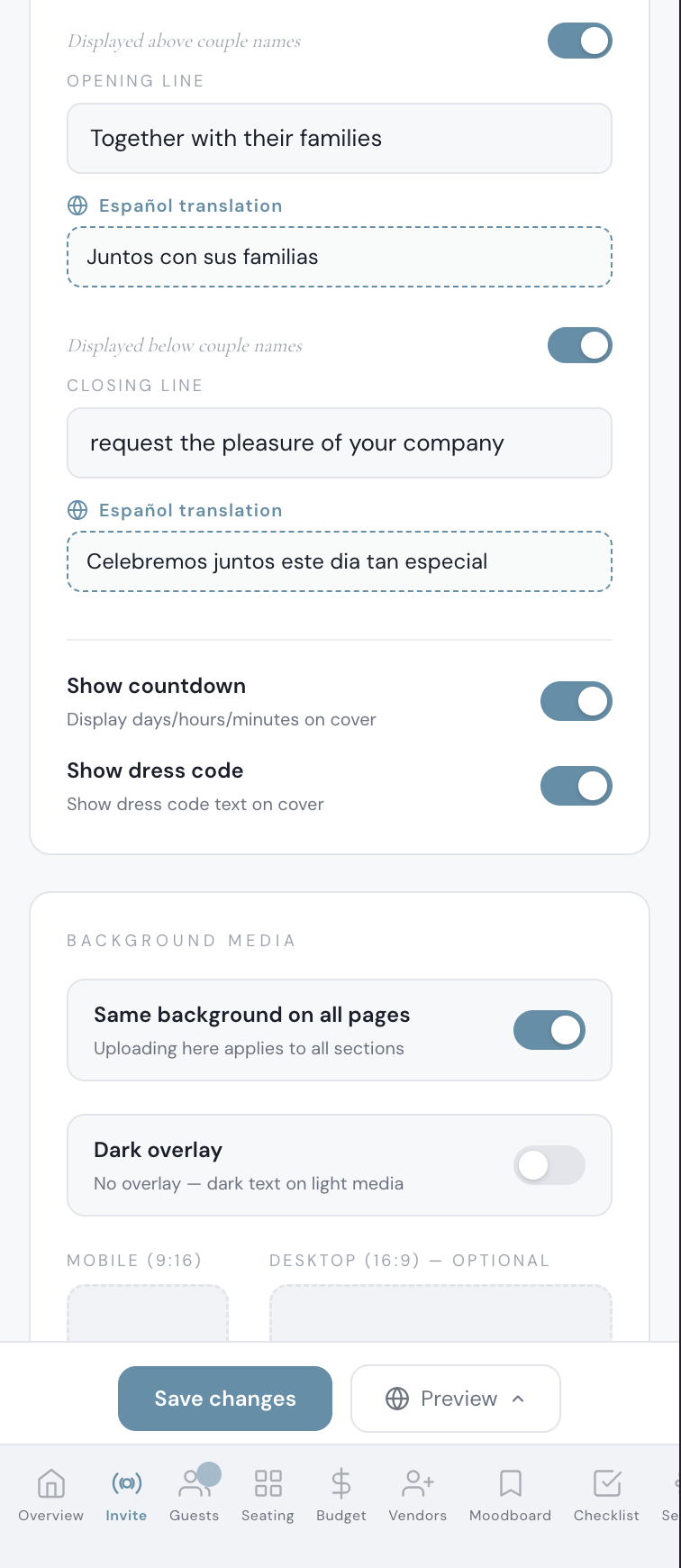 Bilingual wedding invitation editor showing inline Spanish translation fields below English text with dashed borders for customising a wedding invitation in two languages