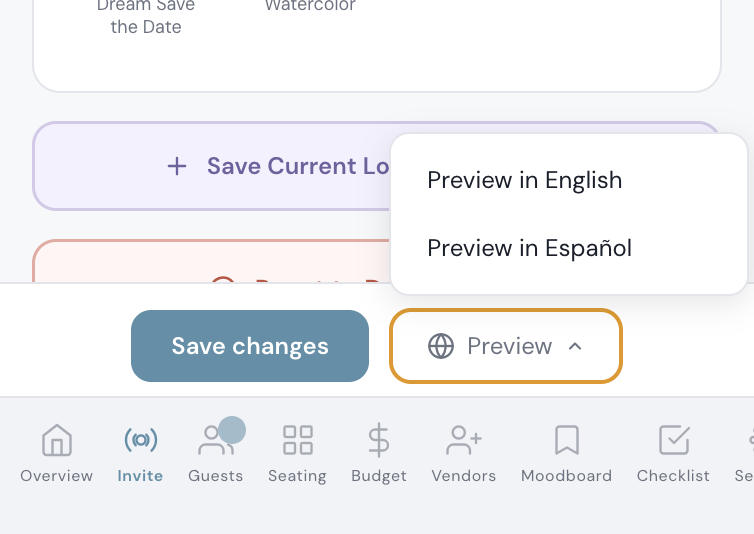 Bilingual wedding invitation builder showing preview button with language switcher to check English and Spanish versions before sending your multilingual wedding invitation