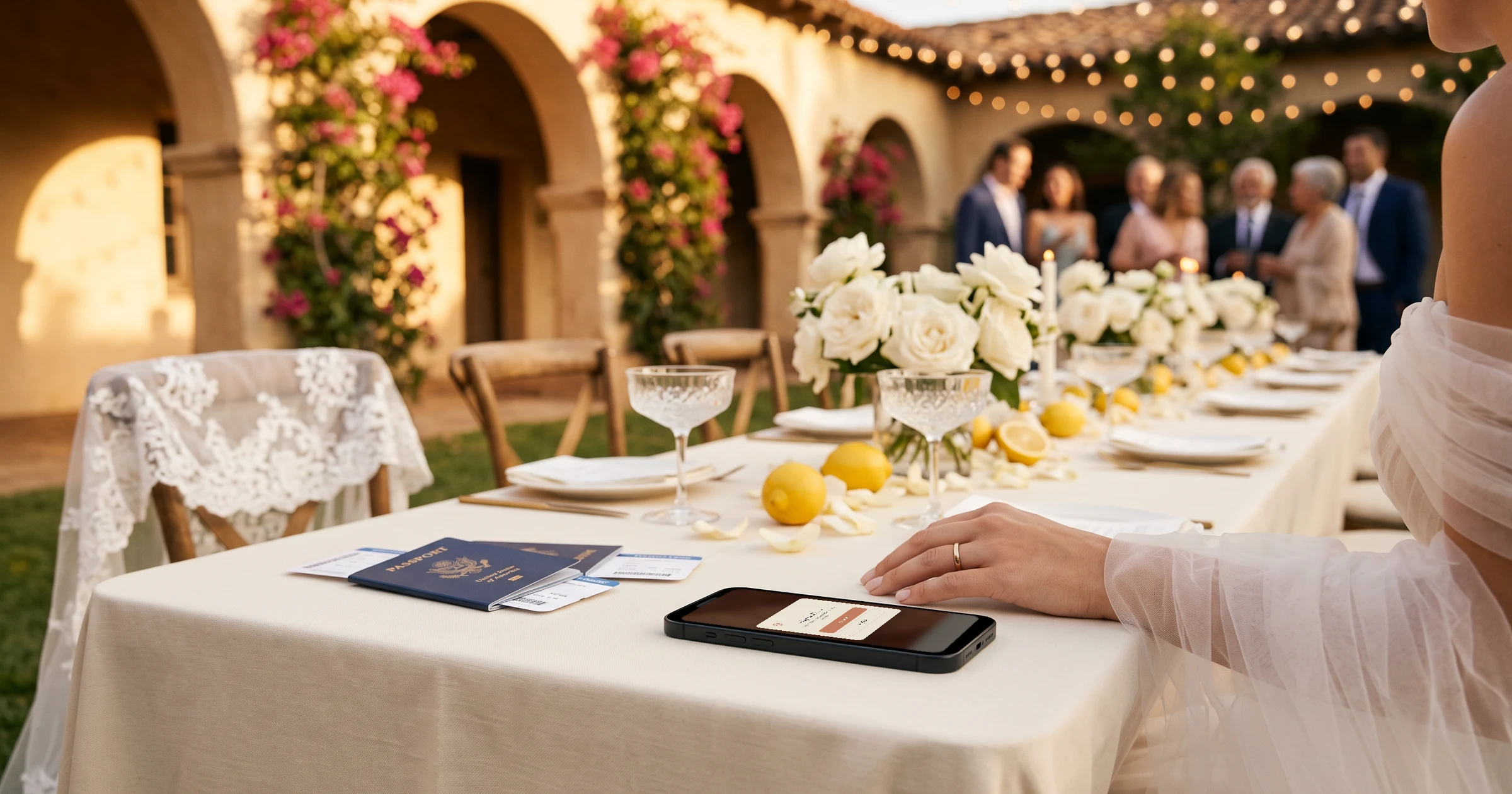 Boda bilingüe en Estados Unidos con familia en Latinoamérica: en un patio de estilo misión en California con bugambilias, un teléfono sobre la mesa muestra el selector de idioma de la invitación con español e inglés, junto a pasaportes, una mantilla de encaje y rosas blancas