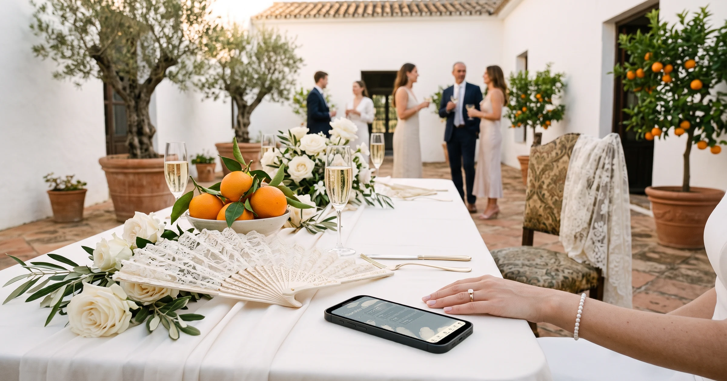 Boda civil, preboda y postboda con invitados por WhatsApp: en el patio de un cortijo andaluz con olivos y naranjos, un teléfono sobre la mesa muestra el itinerario de la boda con la ceremonia civil, la misa, el cóctel y la comida, junto a un abanico de encaje y copas de cava