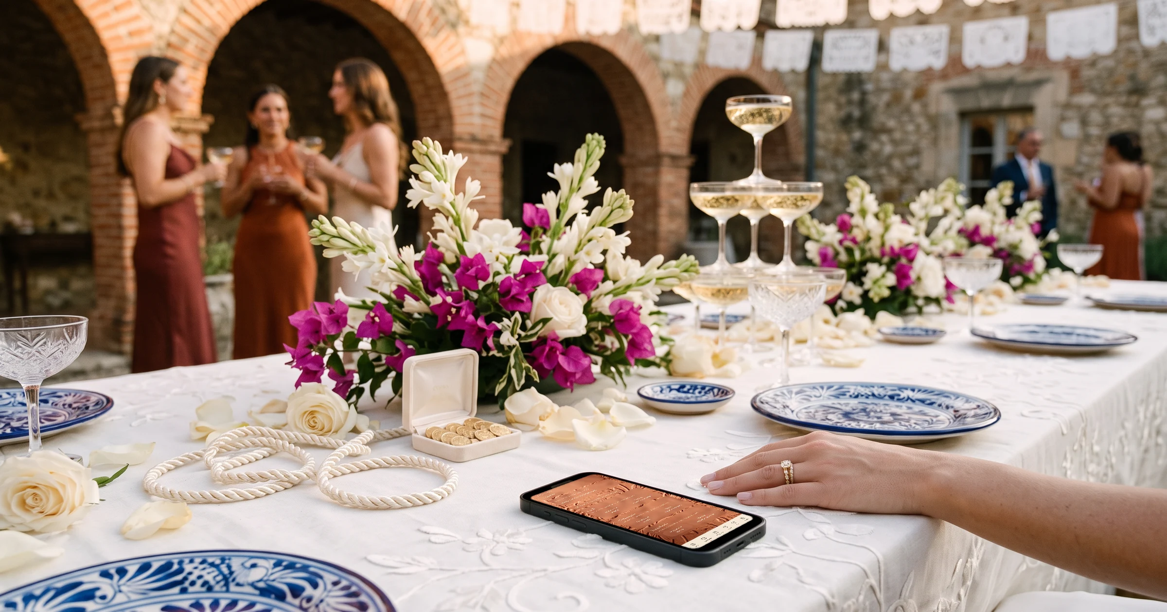 Boda civil, religiosa y fiesta con confirmación por WhatsApp: en una hacienda mexicana al atardecer, un teléfono sobre el mantel bordado muestra la confirmación de asistencia por evento (civil, ceremonia y tornaboda), junto a platos de talavera, el lazo, las arras y bugambilias