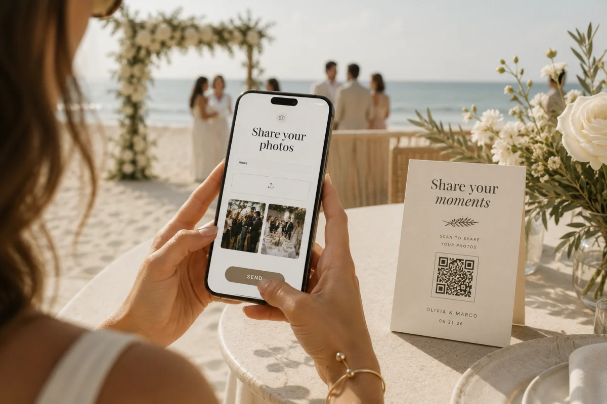 Boda en la playa: una invitada sube fotos desde su celular con un código QR en una mesa frente al mar, con el arco floral de la ceremonia y los novios en la arena al fondo, The Private Wedding App