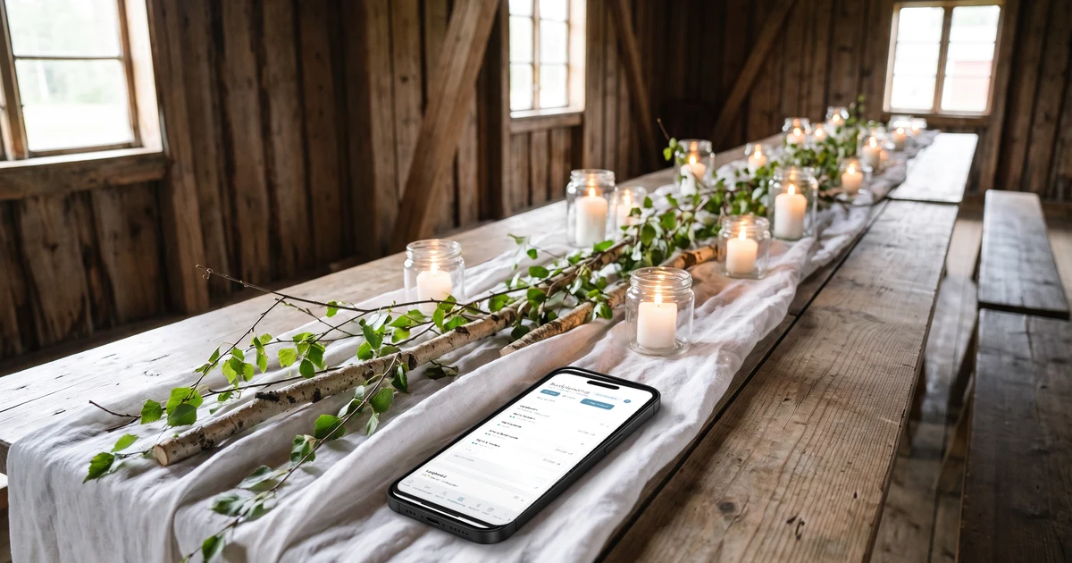 Mobiltelefon flatt på et langbord i en pyntet låve med bjørkegrener og lys, skjermen viser bordplasseringen med tre langbord og navnene på gjestene ved hvert bord