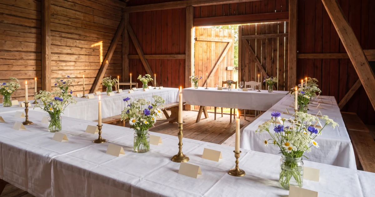 Bordsplacering bröllop: ett dukat långbord i en lada med placeringskort, ljusstakar och ängsblommor, och längst fram ett honnörsbord för brudparet