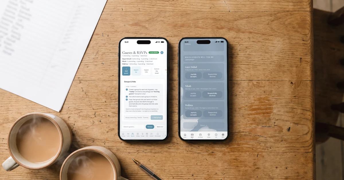 British-Bangladeshi wedding guest list on two phones lying on a wooden kitchen table beside mugs of cha and a printed list: one counts RSVPs separately for gaye holud, nikah and walima, the other shows the per-event RSVP form guests reply to