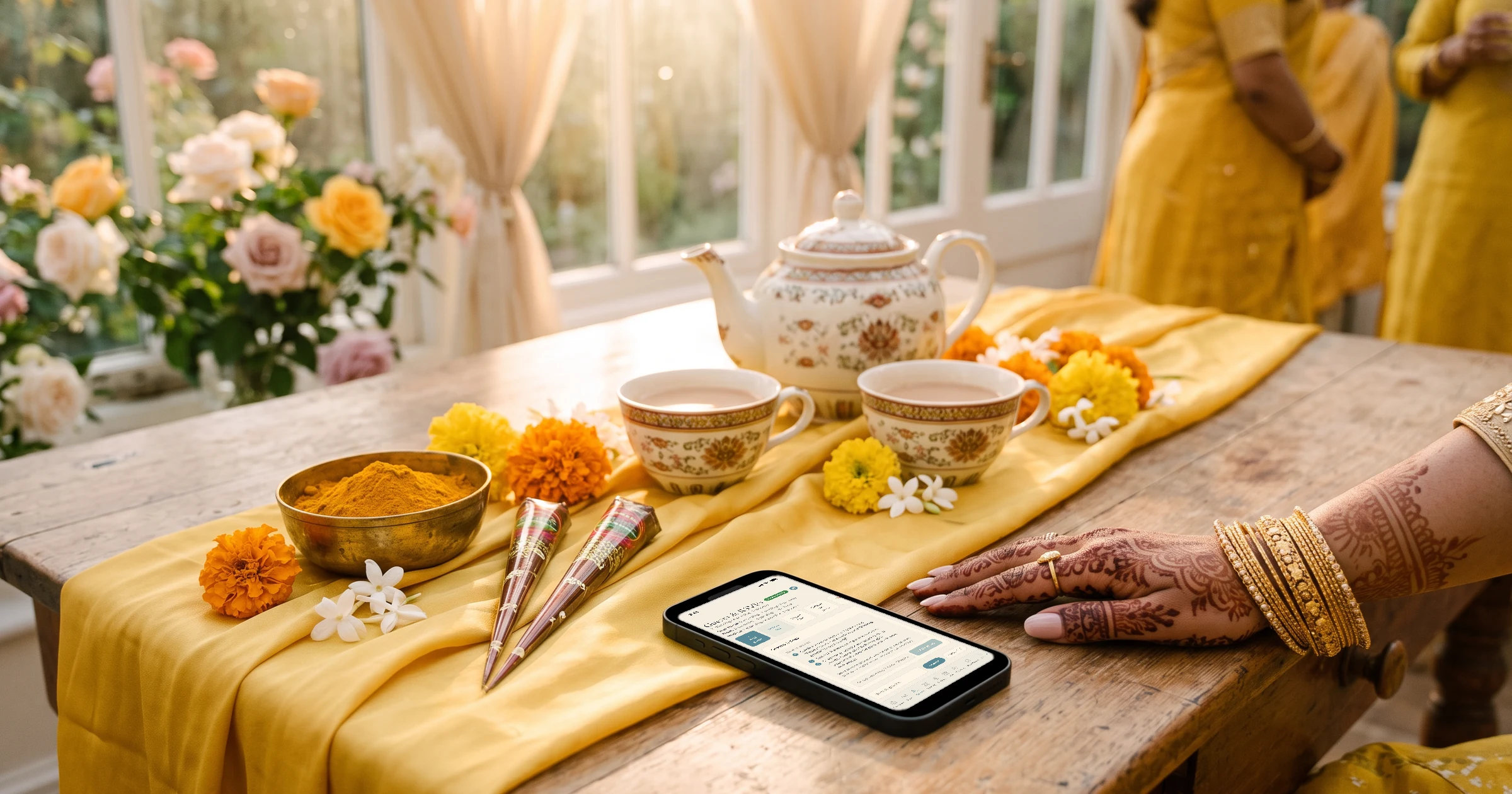 British-Bangladeshi wedding week for 300+ guests: a phone lying on a yellow holud silk runner in a London conservatory, beside cups of cha, turmeric paste and marigolds, showing the guest list with separate attending counts for the gaye holud, nikah and walima; a bride's hand with mehendi rests beside it