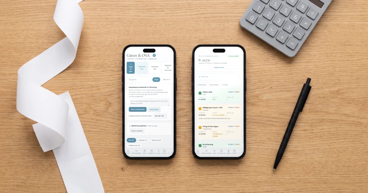 Bröllopsbudget och gästlista på samma ställe: två mobiler på ett ekbord, den ena med gästlistan och antal ja, den andra med budgeten där cateringraden räknas på antal gäster och valda rätter, bredvid en räknare och ett kvitto