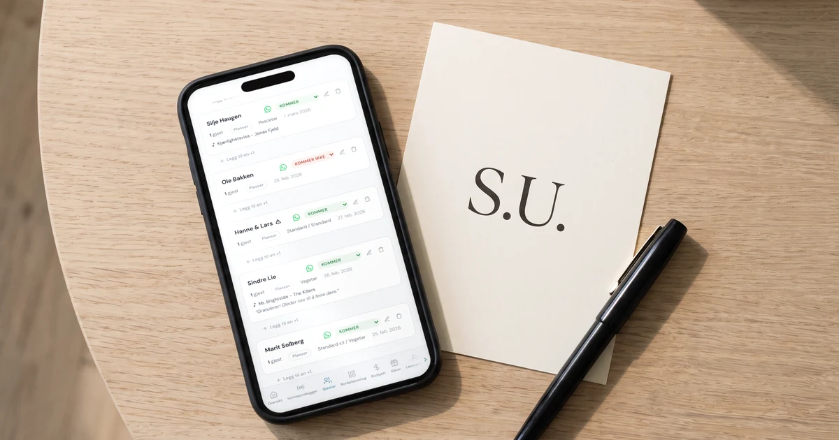 Mobiltelefon som ligger flatt på et bord med bryllupsappens gjesteliste: hvem som har svart ja, nei og ikke svart ennå, valgt rett og allergier, ved siden av en papirinvitasjon med S.U. og en penn