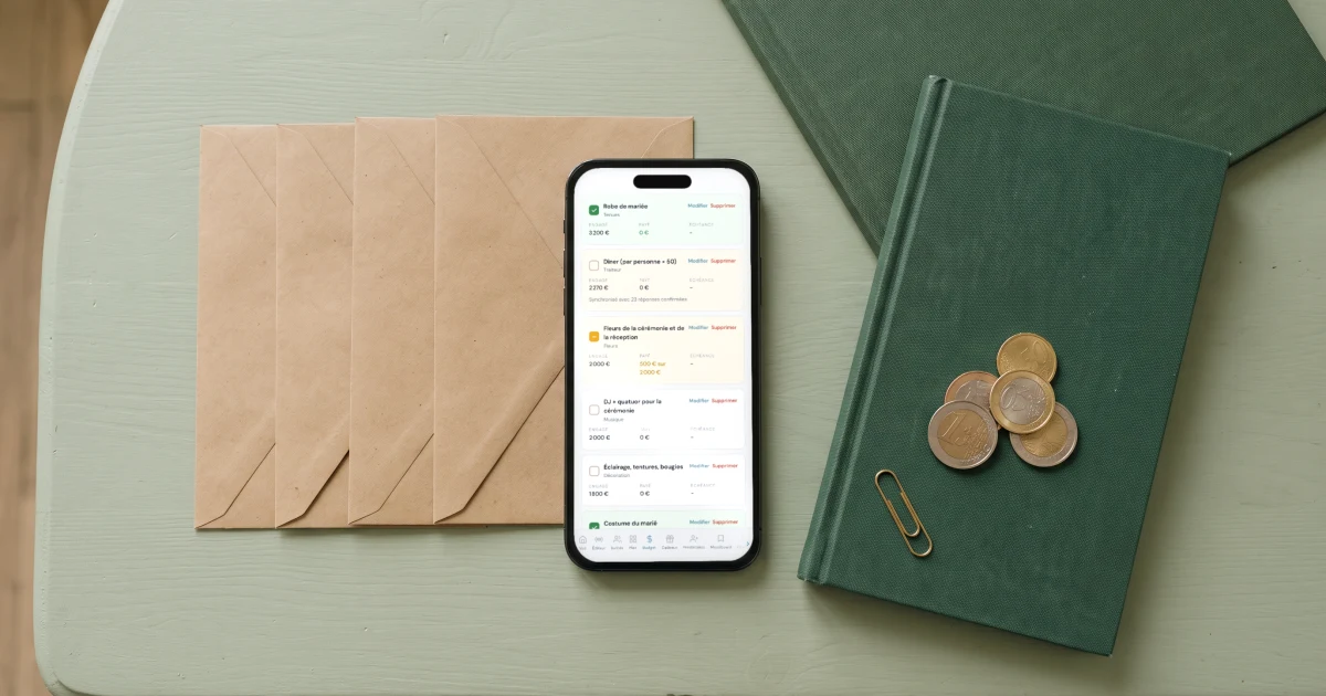 Budget mariage : un téléphone affiche la répartition du budget par poste à côté d'enveloppes kraft, d'un registre de comptes et de pièces