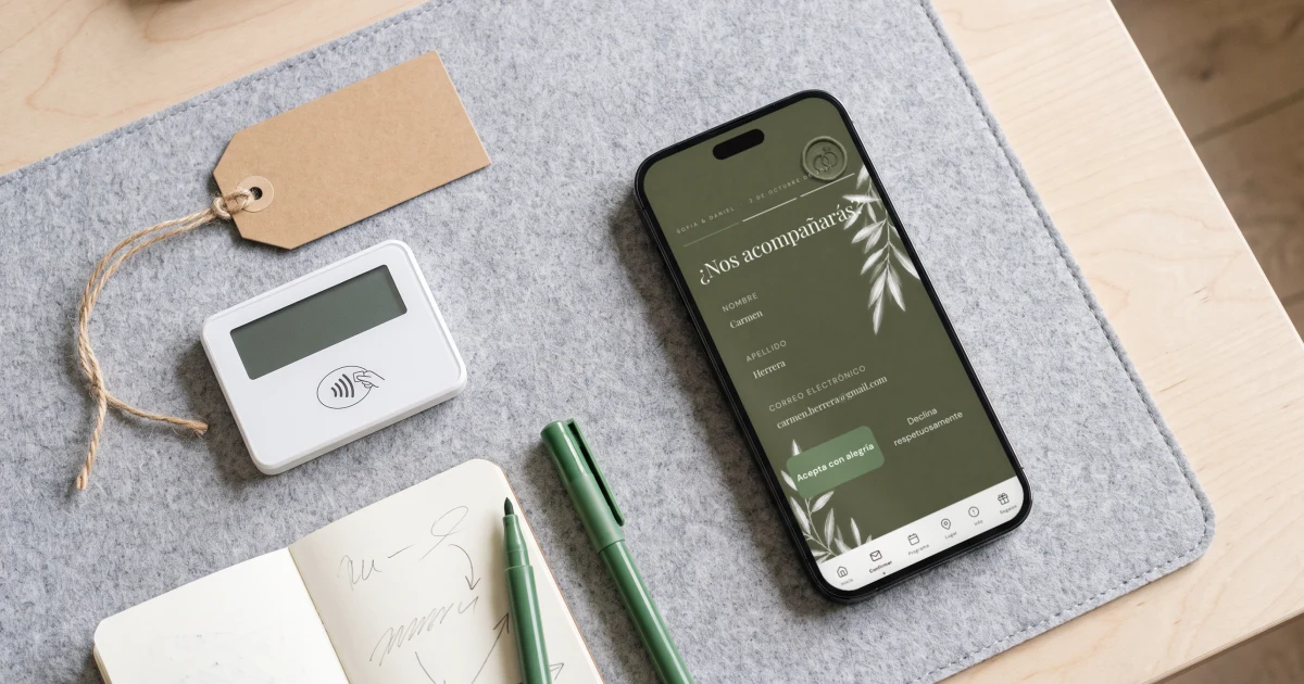 Buy a multilingual wedding invitation online: a phone shows the RSVP translated into Spanish beside a price tag and a card reader