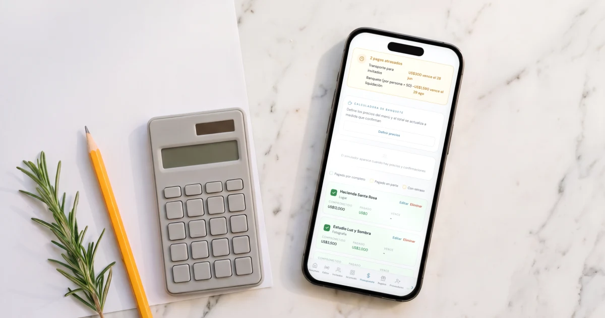 Calculadora de presupuesto de boda confiable: un teléfono muestra el presupuesto con la calculadora de banquete junto a una cotización y una calculadora