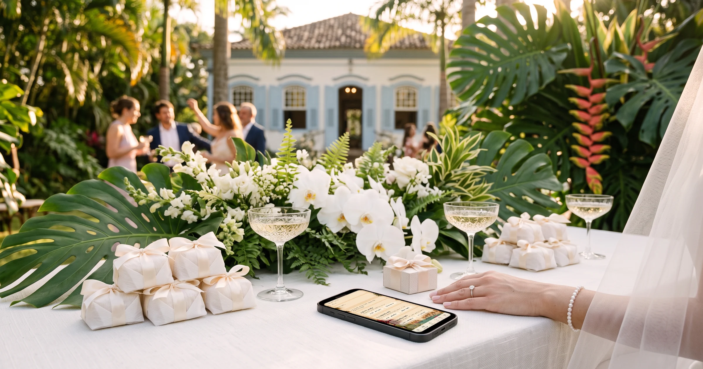 Casamento com civil, religioso e festa e confirmação pelo WhatsApp: num jardim tropical brasileiro ao entardecer, um celular sobre a mesa mostra a confirmação de presença no chá de panela, no casamento civil e na cerimônia e festa, ao lado de bem-casados, orquídeas brancas e taças