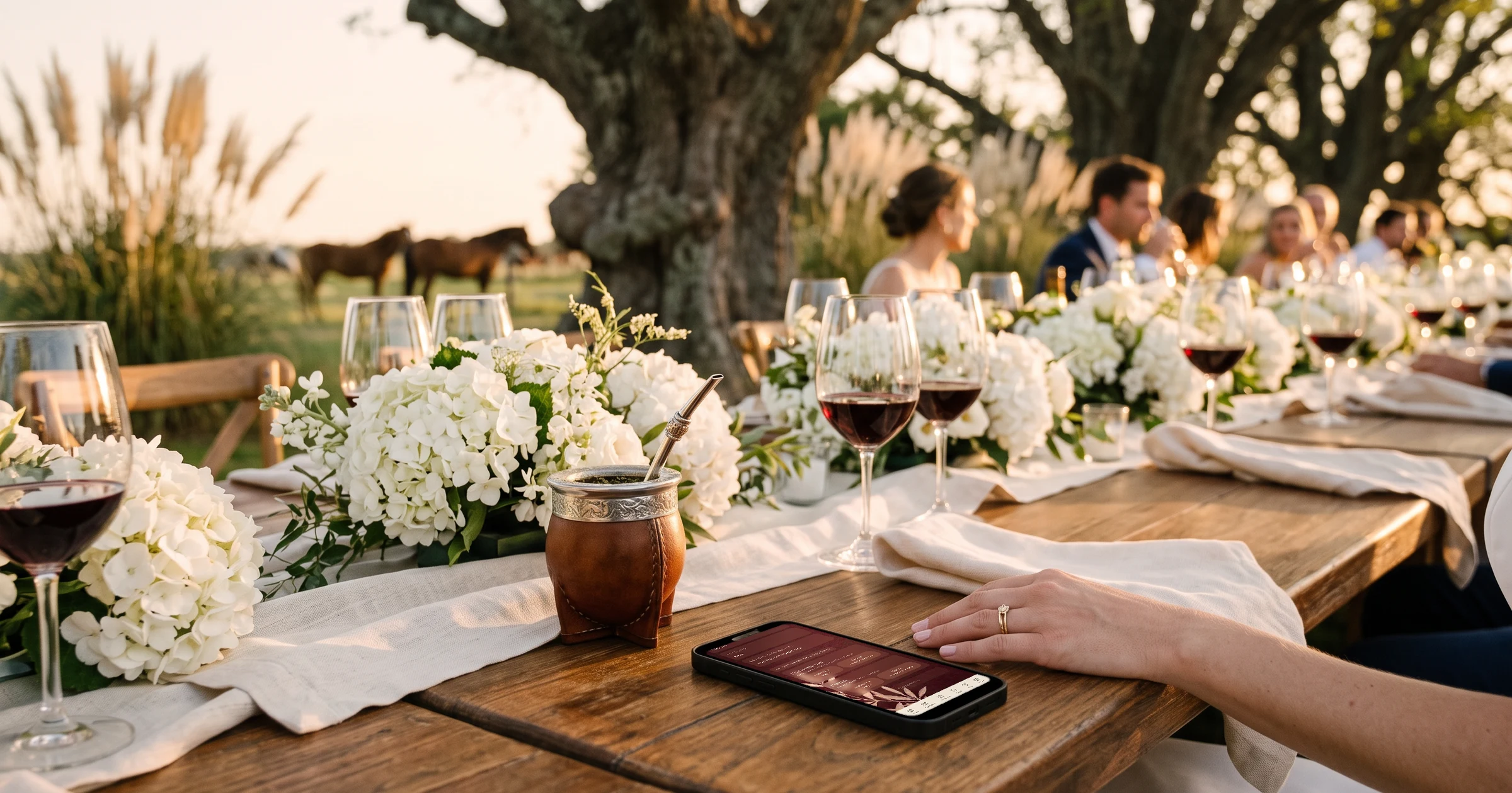 Casamiento por civil, iglesia y fiesta con confirmación por WhatsApp: en una mesa de estancia argentina al atardecer, un teléfono muestra la confirmación de asistencia a la ceremonia civil en el Registro Civil y a la comida, junto a un mate, copas de Malbec y hortensias blancas