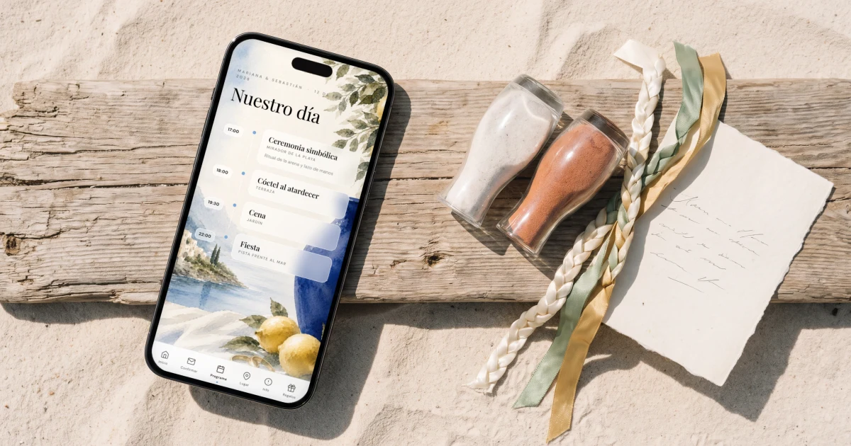 Ceremonia simbólica de boda: un teléfono muestra el itinerario junto a la arena y los listones del ritual