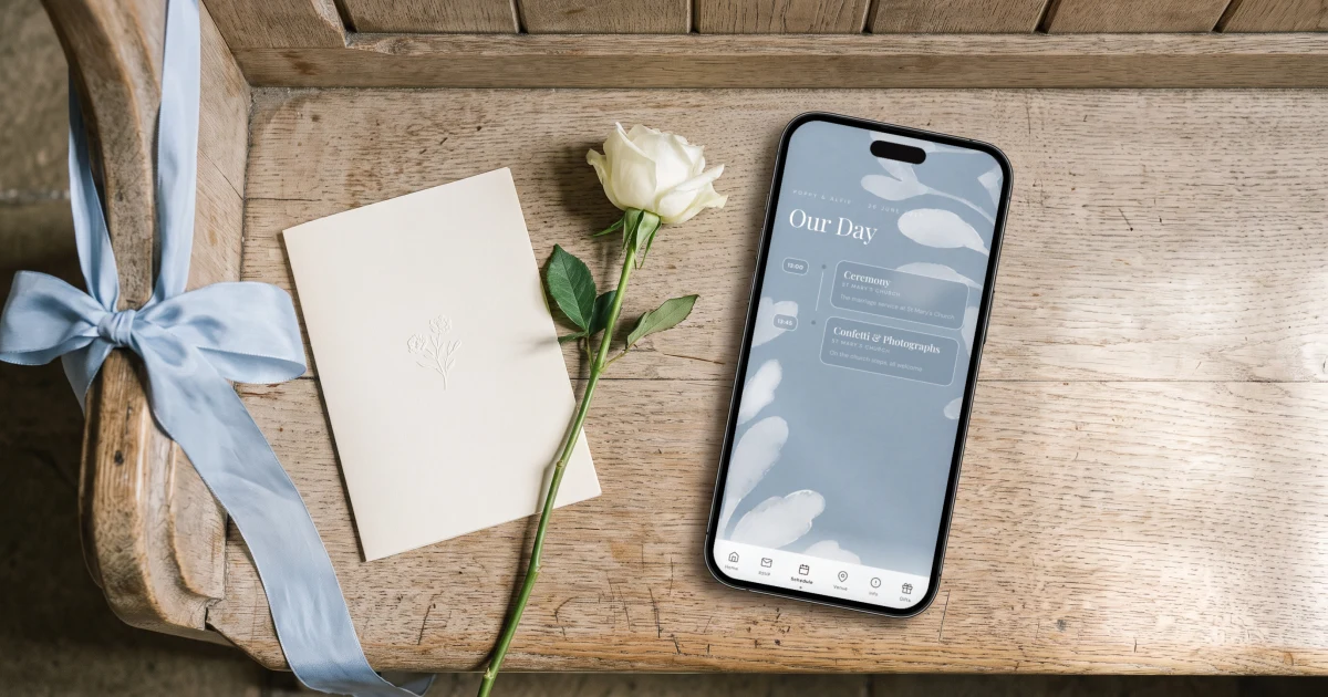 Inviting guests to the ceremony only: a phone shows an invitation with only the ceremony on the schedule beside an order of service and a pew ribbon