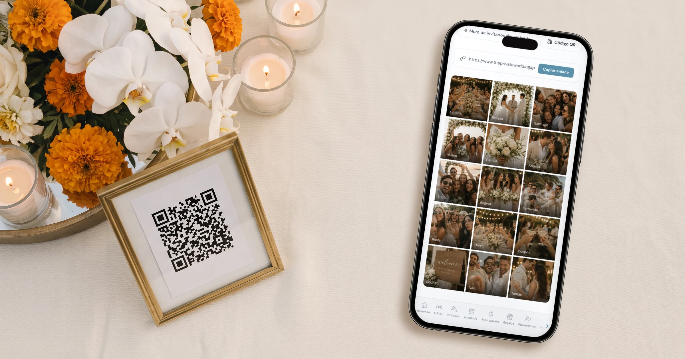 Código QR para fotos de boda en la mesa del banquete