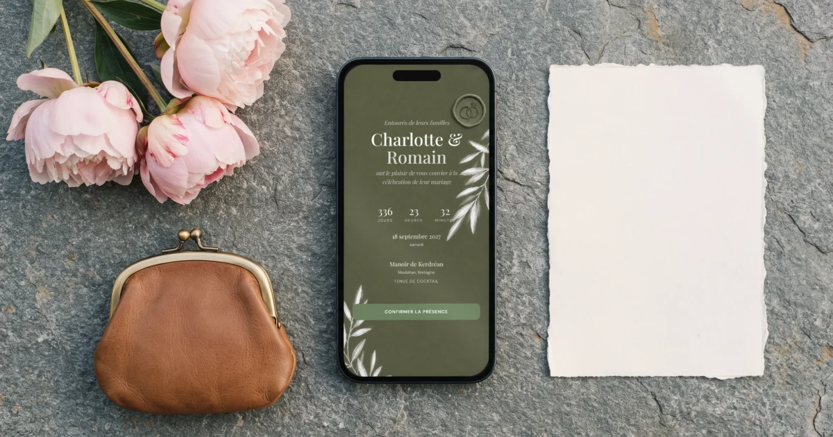 Combien coûte un site de mariage : un téléphone affiche un site de mariage en français à côté d'un porte-monnaie et d'un faire-part