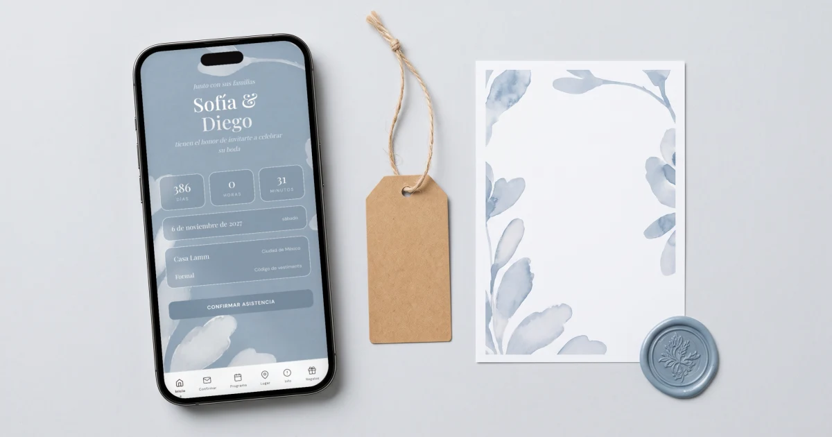 Cuánto cuesta una invitación de boda digital: un teléfono muestra una invitación interactiva junto a una etiqueta de precio