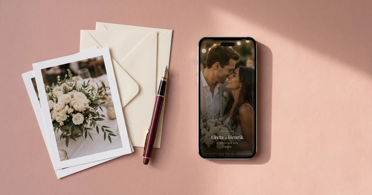 Danksagung zur Hochzeit: Dankeskarten mit Hochzeitsfoto neben einem Handy mit der Fotogalerie