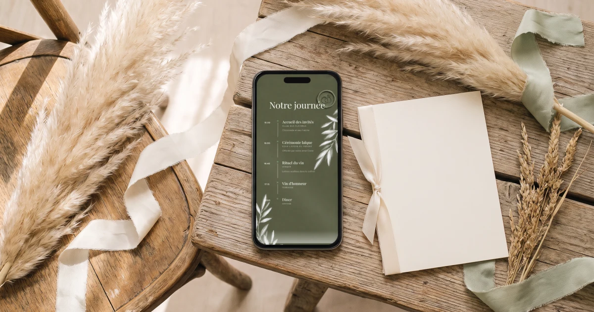 Déroulement d'une cérémonie laïque : un téléphone affiche le programme de la cérémonie à côté d'un livret, de rubans et d'herbes de pampa