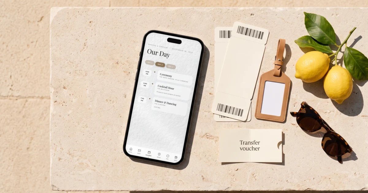 Destination wedding itinerary: a phone shows a three-day wedding schedule with Day 1, Day 2 and Day 3 tabs, next to boarding passes, a luggage tag, a transfer voucher and a lemon branch